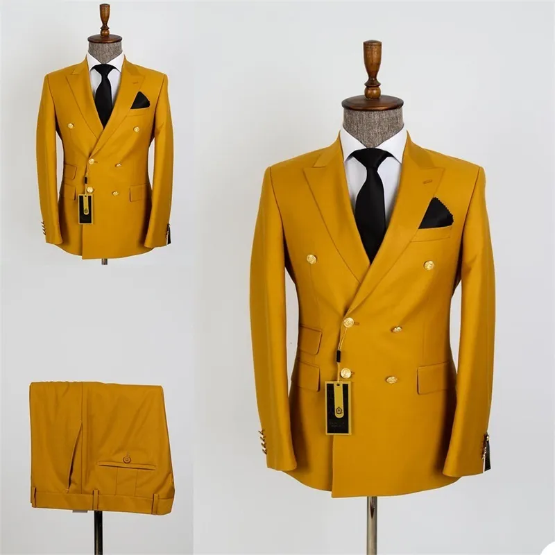 Męskie garnitury Blazery Wysokiej jakości dwuczęściowy dwuczęściowy żółty męski spersonalizowany czysty bawełniany wiosenny suknia ślubna Złota Metalowa podwójna guzika Formalne powłoki 230406