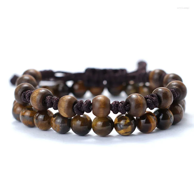 Urok Bracelets Noter Natural Drewniana bransoletka dla mężczyzn 2 szt./Zestaw Braclet Homme 8mm Onyx Tiger Eyes Braslet Stone punka Pulseira Hombre Joias