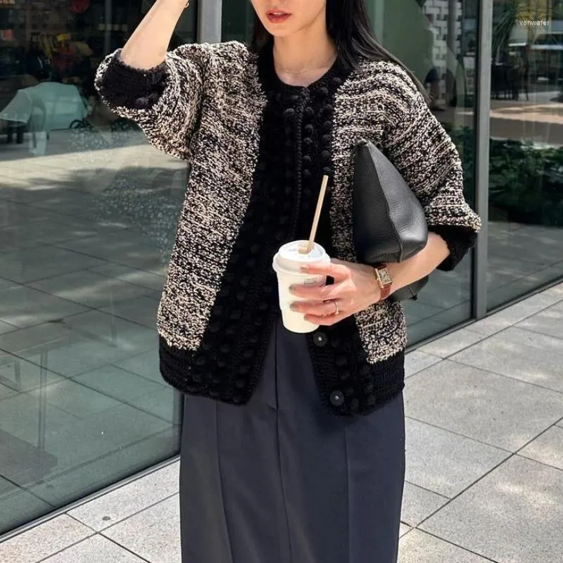 Malhas femininas lyeeynnr japão estilo de alta qualidade cardigans mulheres contraste cor retalhos vintage suéteres feminino meia manga outono jumpers