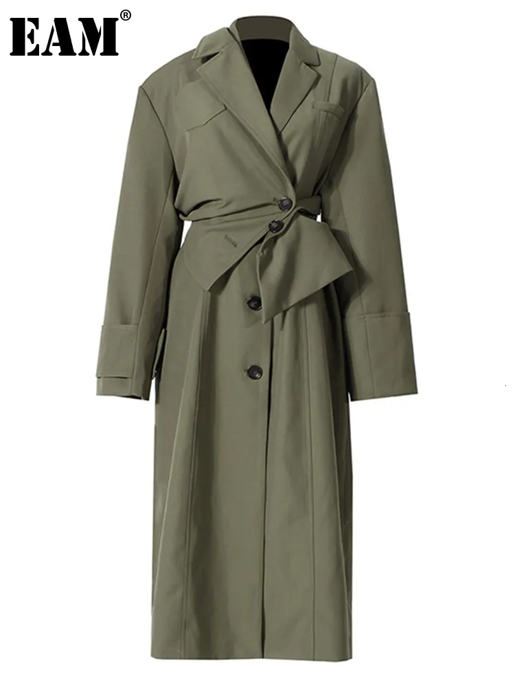 Trench femme EAM femmes vert irrégulière grande taille revers manches longues coupe ample coupe-vent mode printemps automne 2023 1DE2795 230404