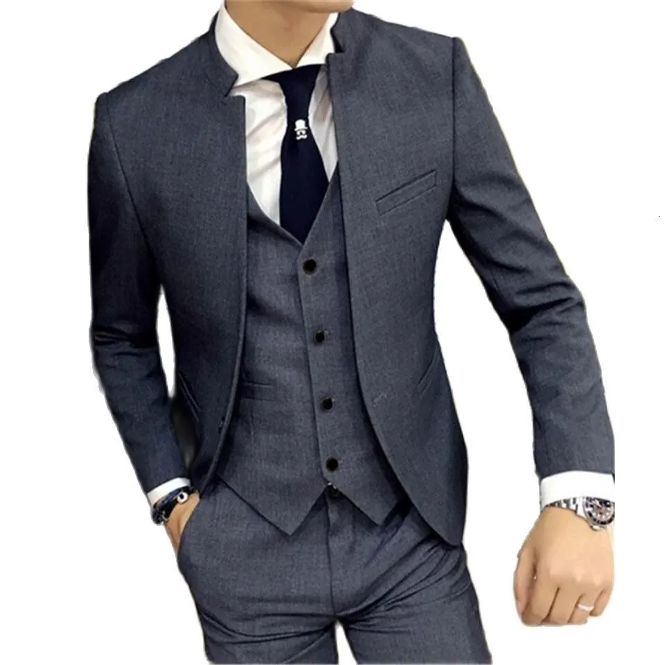 Herren Anzüge Blazer Marke Grau Hochzeit Herren Smoking Stehkragen Set Herren Business Büro Ultradünne Passform Hochwertiges Herren Set 3-teilig 230406