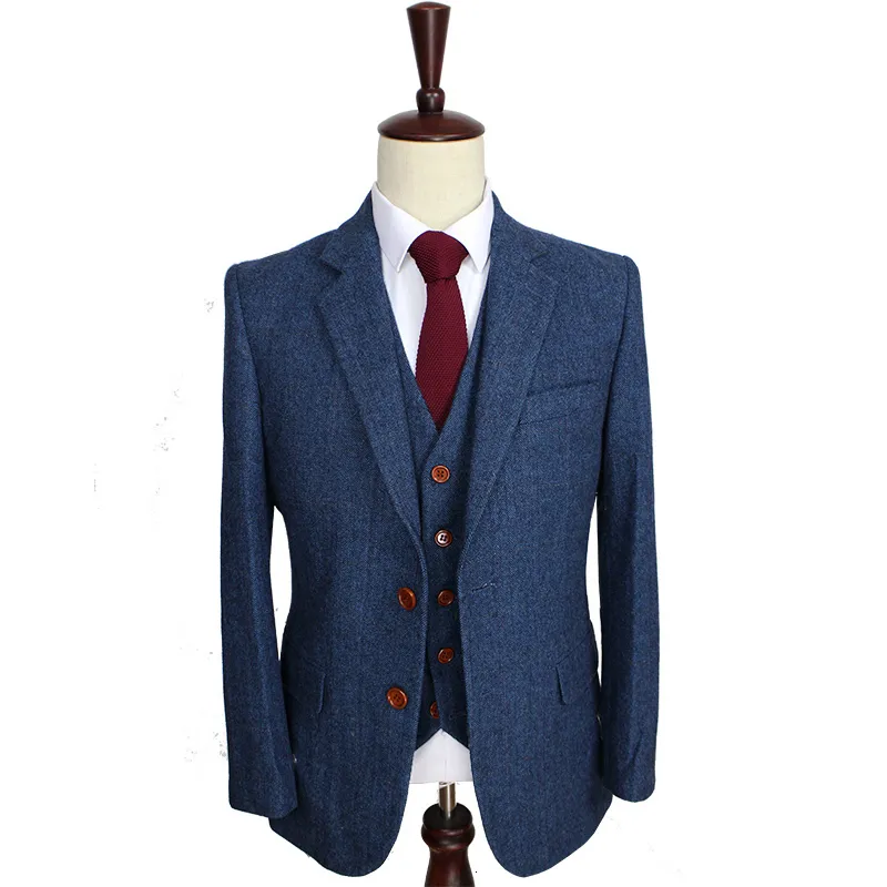 Herrdräkter blazers ullblå fiskbotten retro gentleman stil anpassad mäns svans eller jacka set mäns 3-del set jacka pantsvest 230406