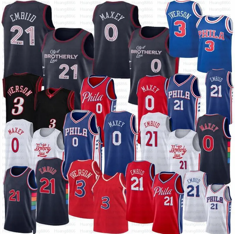 2024 Nuovo Tyrese Maxey Joel Embiid Pallacanestro Allen Iverson Jersey Bianco Blu Edizione Camicia Città Amore Fraterno