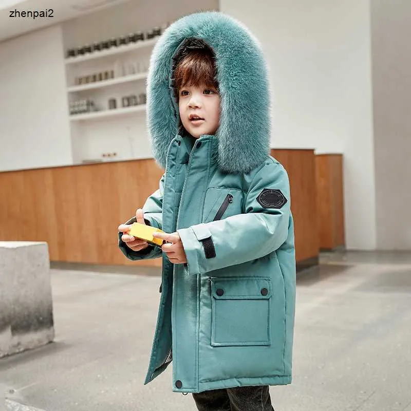 Роскошное зимнее дизайнерское детское пальто Пуховик для мальчиков из натурального меха енота Толстая теплая детская верхняя одежда Пальто Куртки для мальчиков 2-12 лет