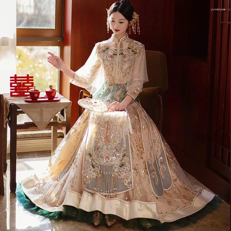 ملابس عرقية الذهب Qipao Hanfu Dress Bride Assue Assume Coste Wedding Tertality Toast Festido