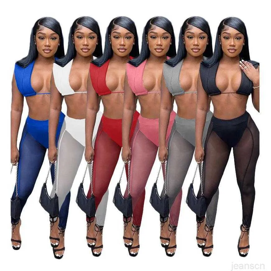 Femmes deux pièces pantalons en maille ensemble tenues d'été hauts courts Leggings transparents vêtements en gros femme Rave fête porter