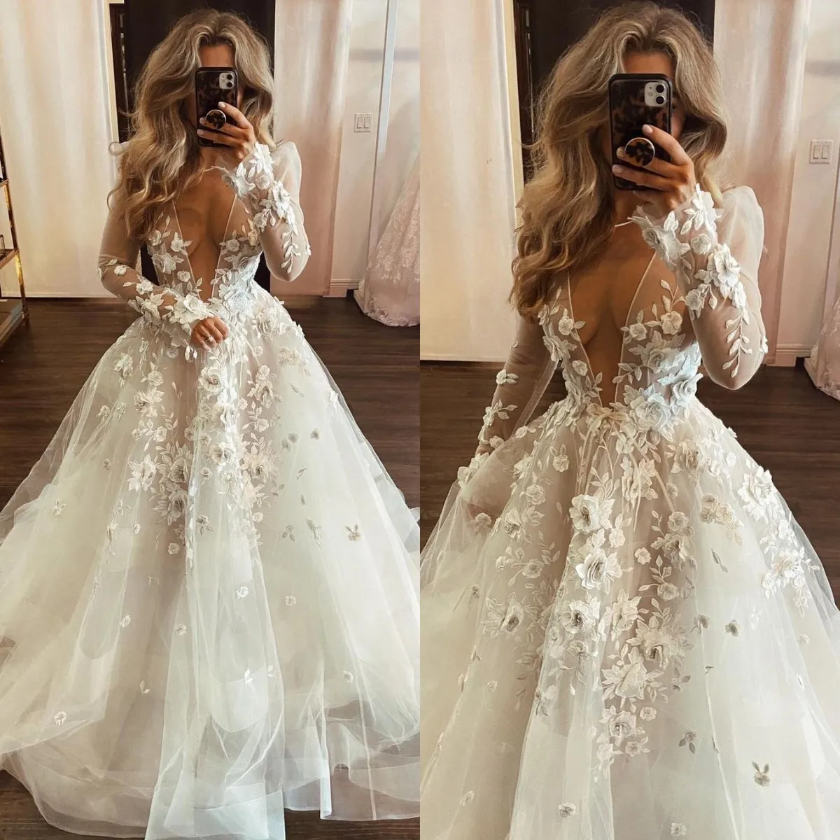 Designer A-line deep v wedding dress with Appliques, Plunging V-neck, Long Sleeves, and Illusion Neckline Designer A-line deep v wedding dress with Appliques, Plunging V-neck, Long Sleeves, and Illusion Neckline