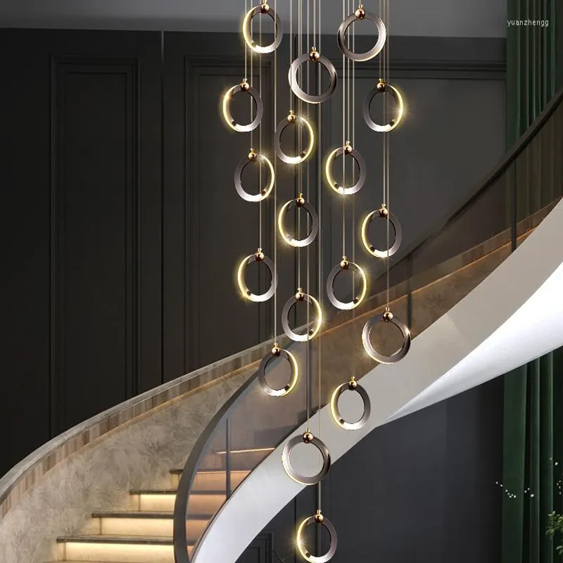 Avize kristal yüzük alüminyum villa spiral merdiven oturma odası dekoratif lamba aile aydınlatma modern led parlaklık