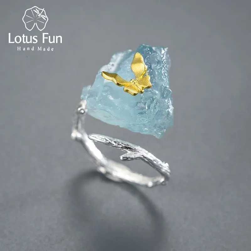 Anello solitario Lotus Fun Acquamarina regolabile Grandi pietre preziose Anelli farfalla per donna Argento sterling 925 originale Incontri Gioielleria raffinata 230404