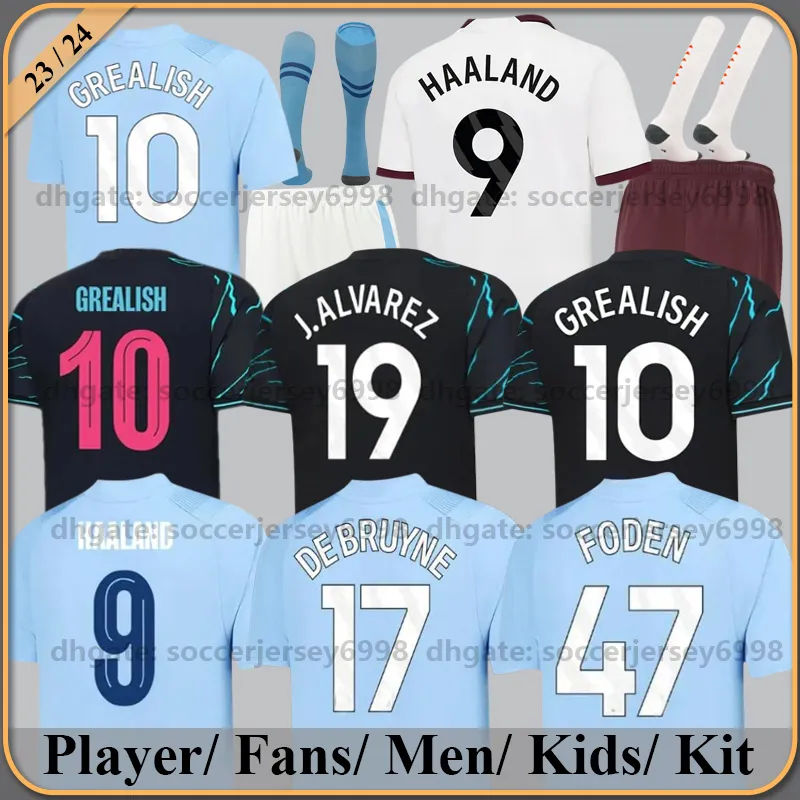 23 24 Maglie da calcio Haaland Grealish Sterling Mans Cities Mahrez Fan Player Versione De Bruyne Foden 2023 2024 Tops da calcio Shirt Kit Kit Sets Uniform Boys Youth