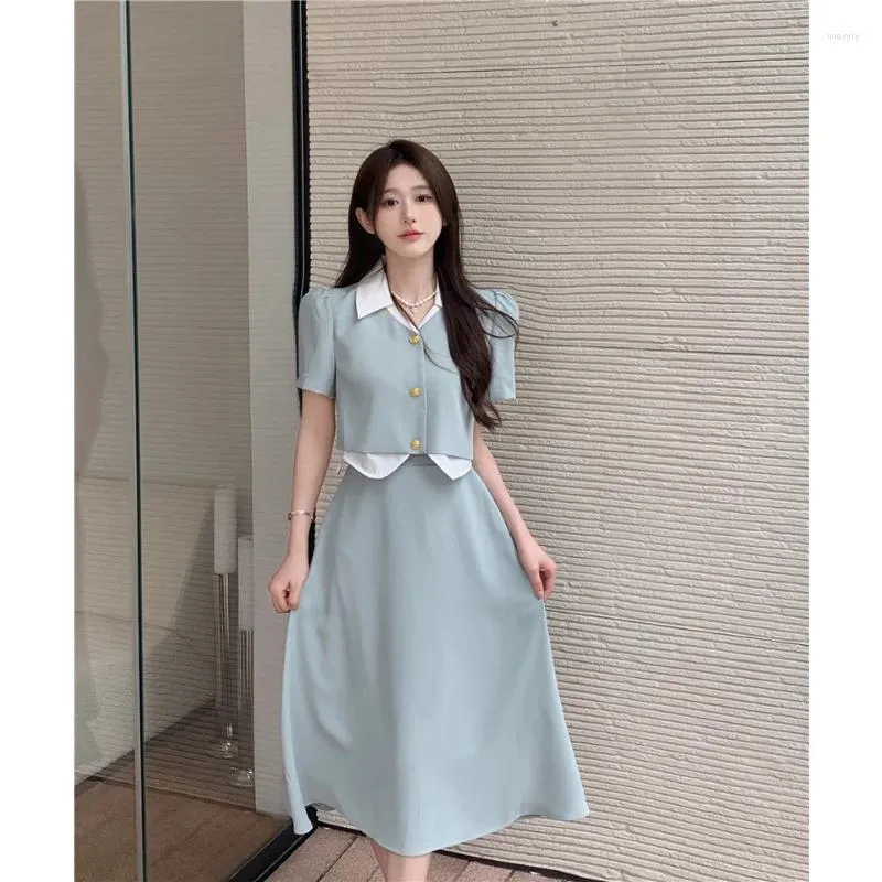 Robes de travail mode coréenne couleur unie demi-jupe ensemble bouton col ouvert haut a-ligne 2 deux pièces ensembles tenues pour femmes
