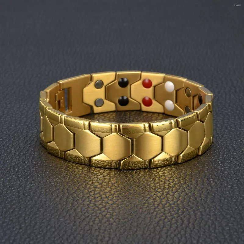 Pulseira pulseira homem biodom energia terapia de saúde aliviar a dor de titânio dourado aço inoxidável jóias de pulseira larga de pulseira