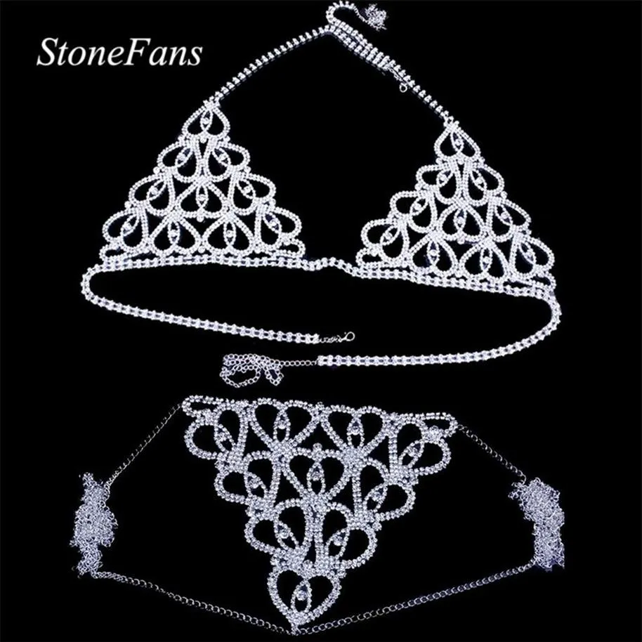 StoneFans Women Sexy Heart Rhinestone Bra Body Chest Chain Accessories Crystal Body Jewelry transparent Thong Panties Underwear T2259N