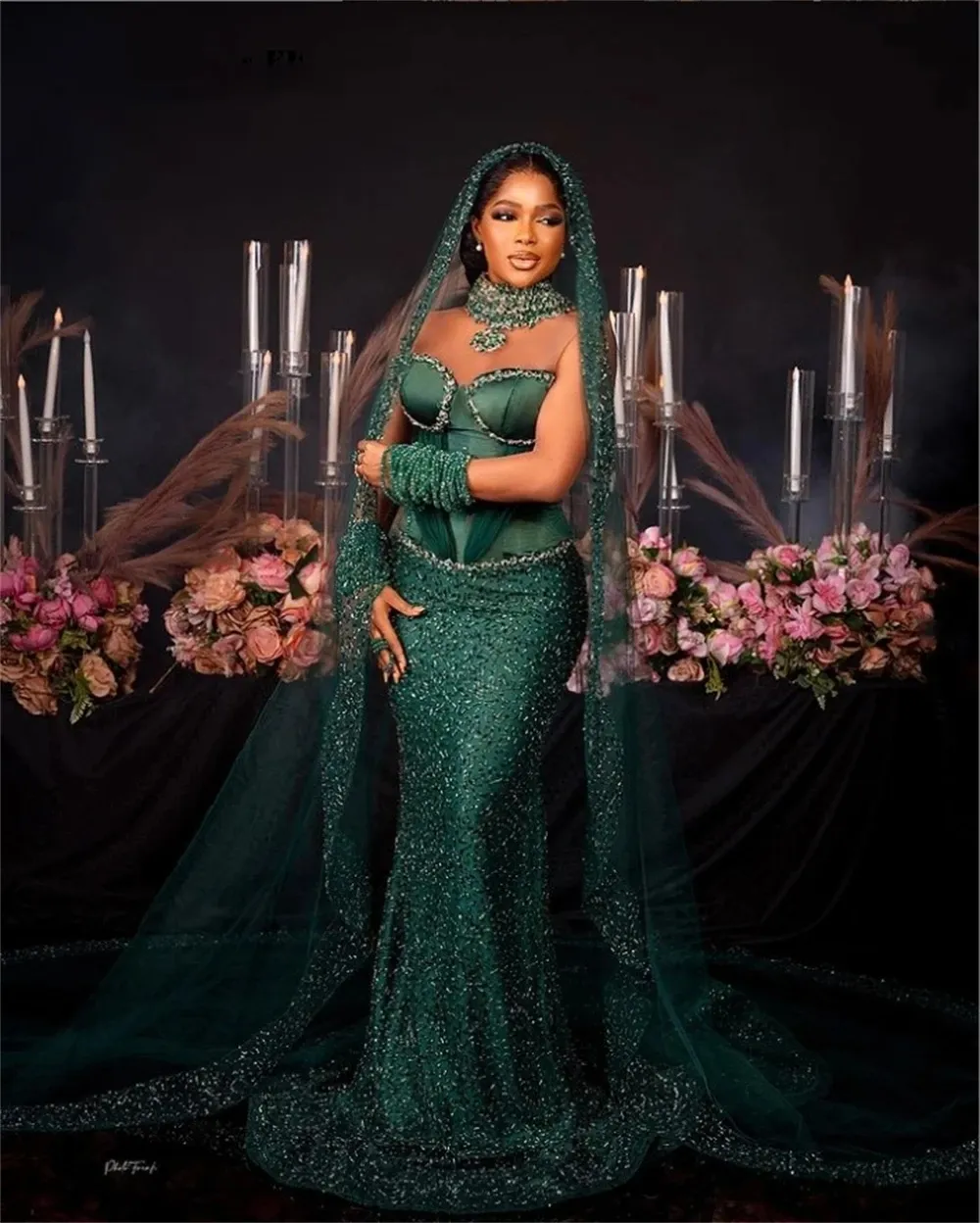 Emerald Green Aso Aso Ebi Beaded Prom Promply для элегантной свадебной вечеринки с головным убором африканские хрустальные специальные платья OCN vestidos