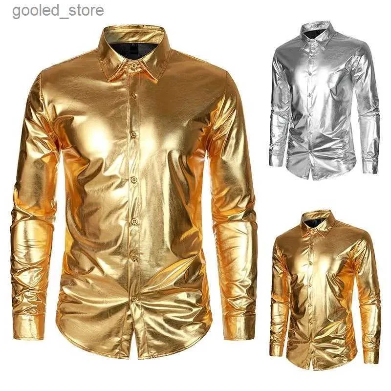 Herren-Freizeithemden, metallisch glänzende Hemden für Herren, Disco-Party, Herrenkleidung für Männer, bedrucktes Langarm-T-Shirt Y2k Q231106