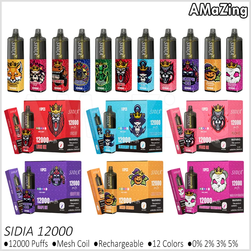 Original Sidia Puff 12000 12K Puffs Disponible Vape Mesh Coil Rechargeable E Cigaretter Vapers 0% 2% 3% 5% 10 Flavors Pen Vaporizers