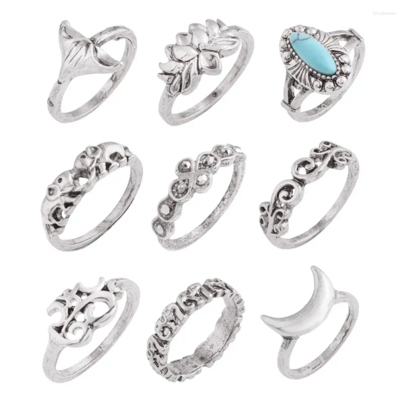 Anéis de cluster vintage boêmio praia mulheres lótus forma anel conjunto estilo étnico pedra verde midi dedo boho charme anelli