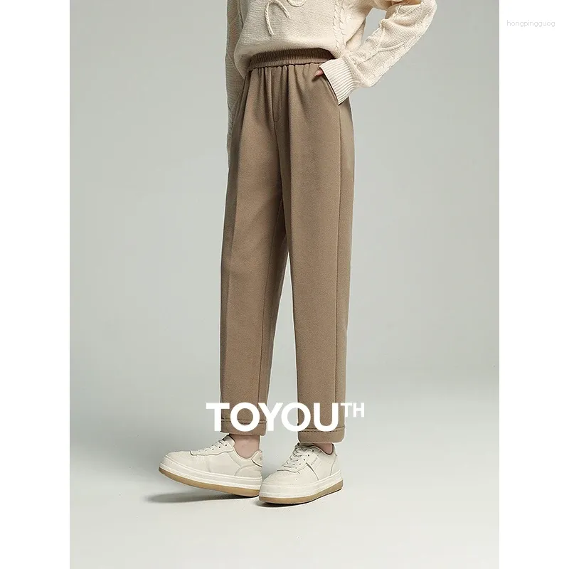 Women's Pants Toyouth Women Woolen Suit 2023 Winter Elastic Waist Straight Loose Wide-leg Trousers Retro Commuting Comfort
