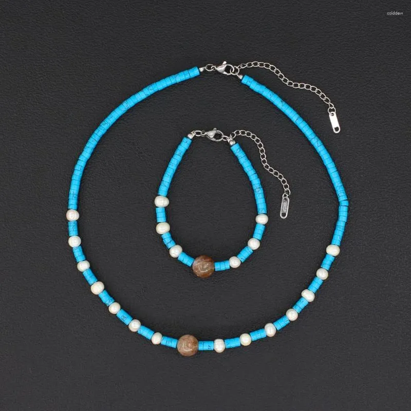 ネックレスイヤリングセットUSENSET BLUE TURQUOISE FRESQUATER PEARL HANDMADE JEWELRYステンレス鋼