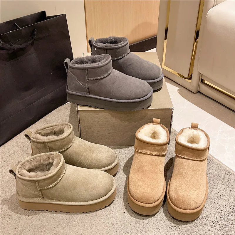 Australien-Schneestiefel, Designer-Damen-Tazz-Tasman-Hausschuhe, klassische Mini-Plateau-Stiefel, Winter-Wildleder-Wollschuhe, Senfkörner-Schafsleder-Stiefeletten aus australischem Pelz