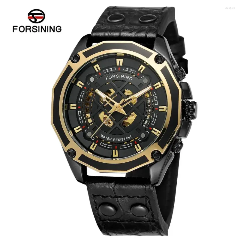 Wristwatches FORSINING Fashion Casual Men's Mechanical Watches Spider Web Hollow Dial Black Leather Strap Automatic Festival Gifts