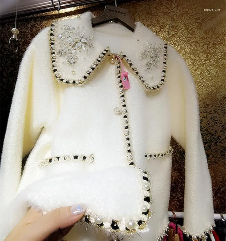 Women's Knits Beads Pearl Cardigan Women Autumn Winter Small Fragrance Thickened Outwear