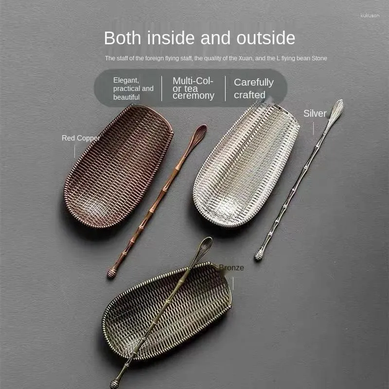 Tea Scoops Alloy Bamboo Woven Spoon Caddy Holder Reward Ceremony Utensils Shovel Filter Scoop