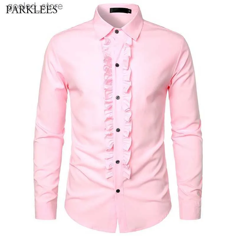 Casual overhemden voor heren Roze ruches Ruche ruche Tuxedo Shirt Heren Retro jaren '70 Lange mouw Button Down Pleats Shirt Heren Bruiloftsfeest Diner Chemsie Homme Q231106