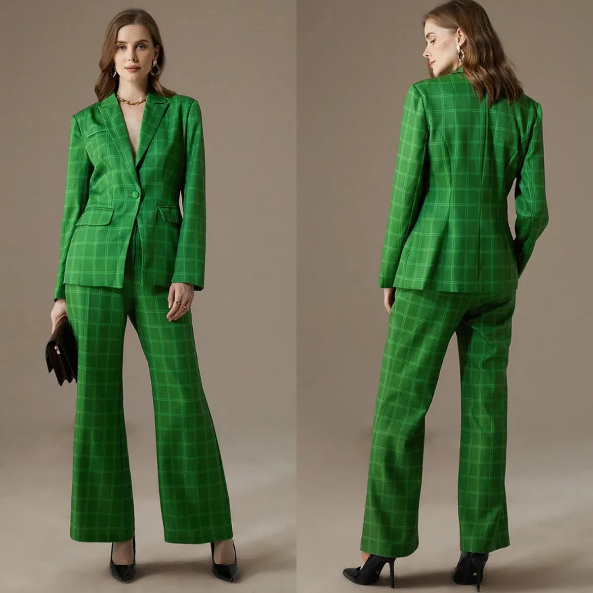 Costumes à carreaux verts pour femmes, Blazer 2 pièces, veste cintrée, surdimensionnée, Tuxedos de bal, sur mesure, vêtements de rue, tenue décontractée