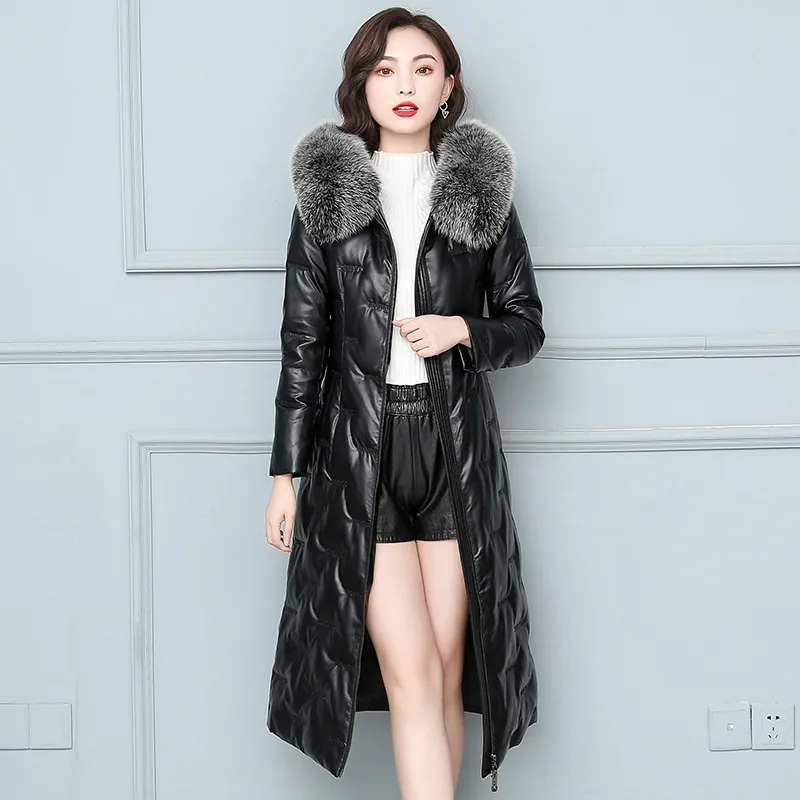 Sheepskin Leather Jacket Hood Women Winter Jackets Long Down Coat Fox Fur Collar Thick Warm Windbreakers Plus Size Black Tops