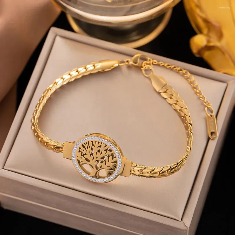 Link pulseiras 2023 na moda personalidade criativa cor de ouro aço inoxidável mundo árvore pulseira para mulheres luxo inlay cristal pulseira jóias