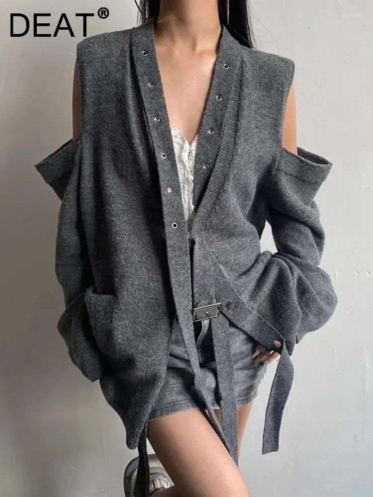 Cardigan tricoté à la mode pour femmes, épaules ajourées, boucle métallique réglable, manteaux amples à lacets, hiver 2023, 7AB1714