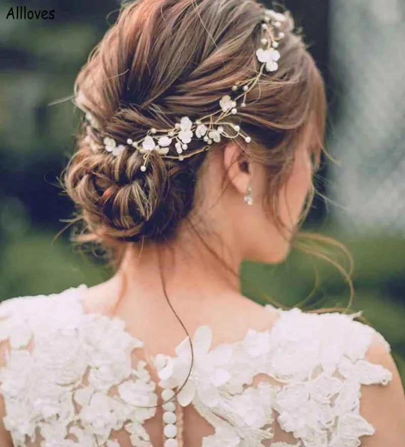 Pearls Little Flower Long Vine Wedding Headpieces Headband For Bride Elegant Gold Silver Women Prom Hair Accessories Headwear Jewelry CL2140