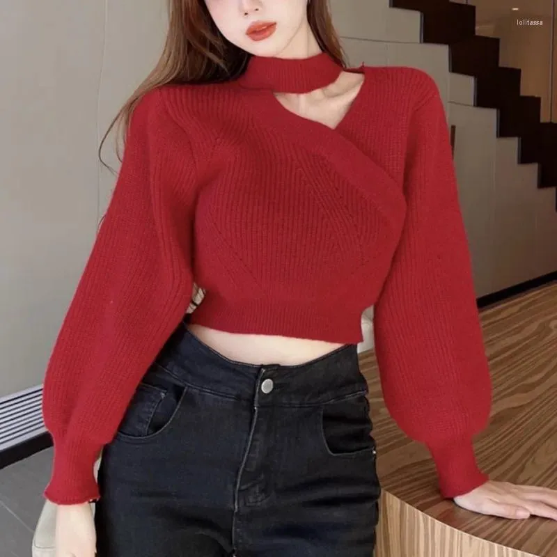 Kadın Sweaters 2023 Sweater Asma Boyun Kırmızı Altı Sonbahar Tarzı Baharatlı Kız Yüksek Bel Y2K KIŞ KISA KISA ÜSTÜ GİYE