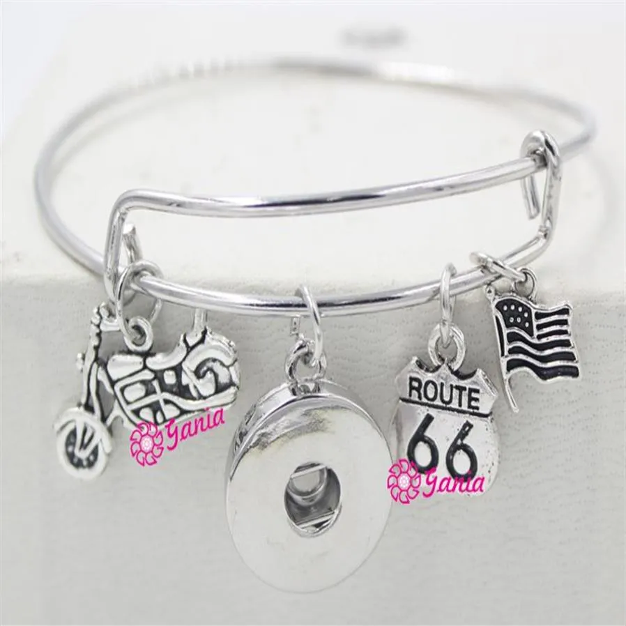 Hele Nieuwe Collectie Verwisselbare Sieraden USA Vlag Motocycle Route 66 Charms Verstelbare Snap Bangles Armbanden voor Vrouwen Jewel218z