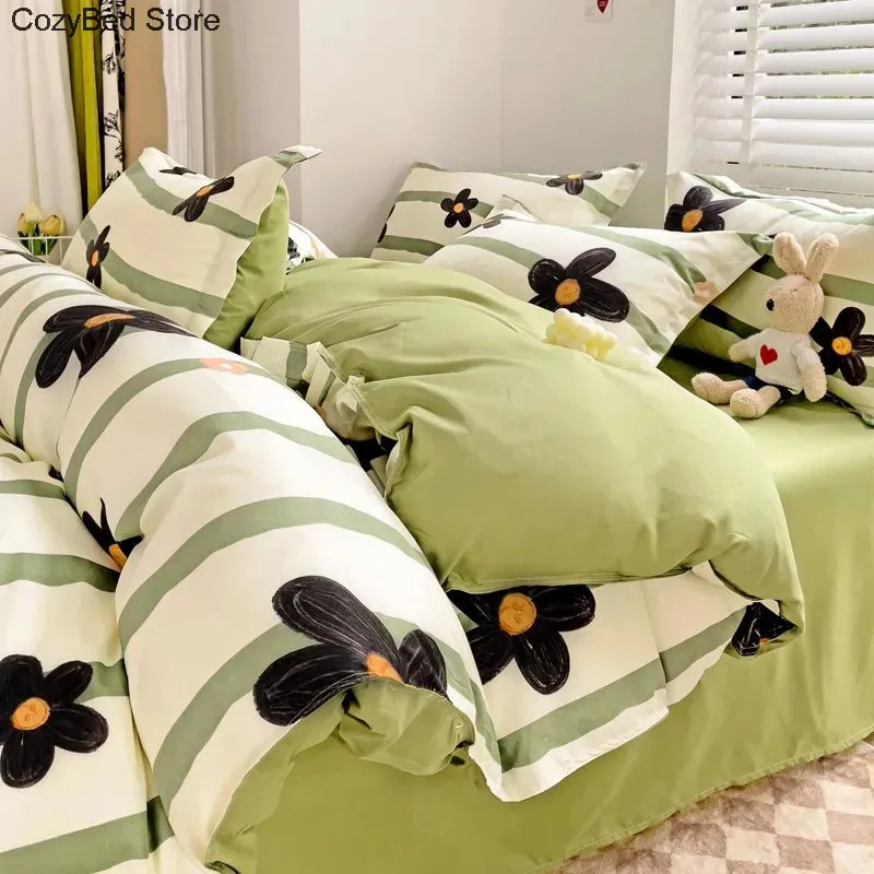 Bedding sets Black flower bedding down duvet cover soft large single bed size green flat pillow 231106