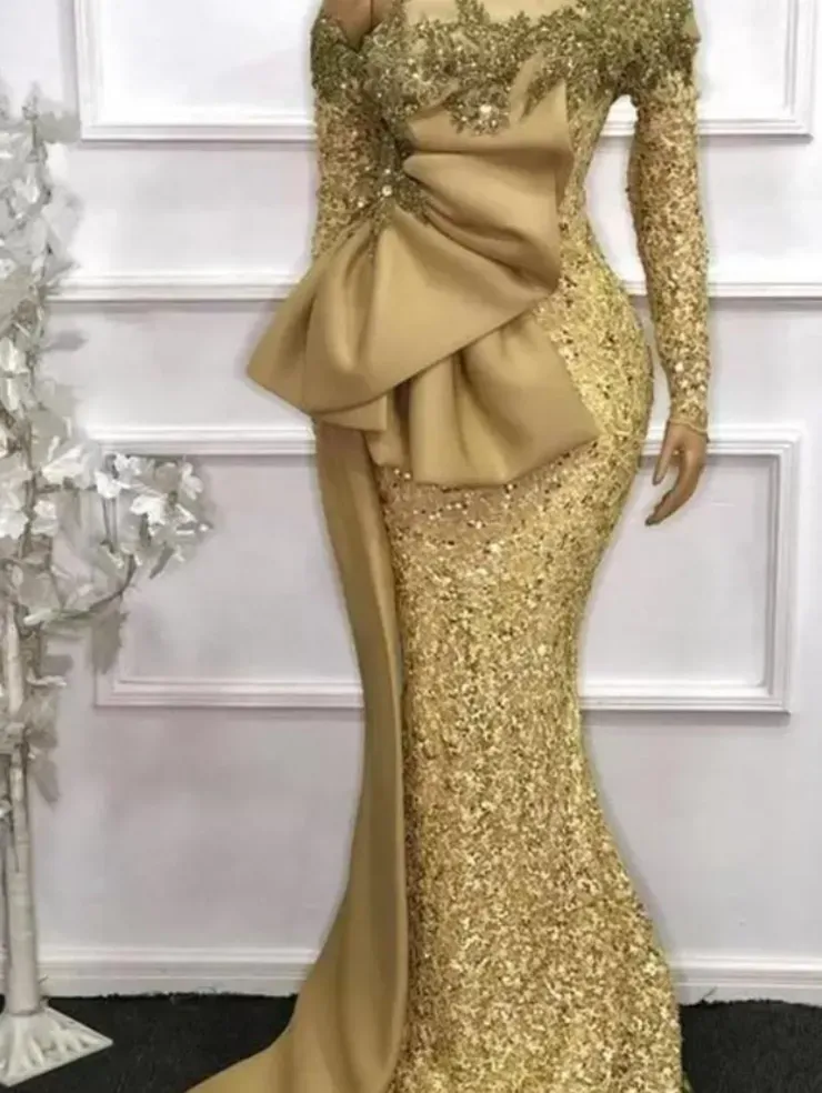 Elegante Afrikaanse stijl kanten zeemeermin avondjurken plus size pailletten lange mouwen gerange prom feestjurken gewaad de soiree bc11139