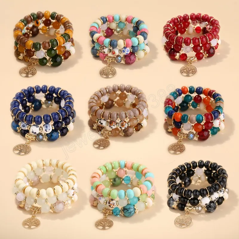 3 pezzi Boho etnico albero della vita braccialetto di perline set per le donne colorate perle di vetro acrilico catena avvolgere braccialetto gioielli femminili regalo