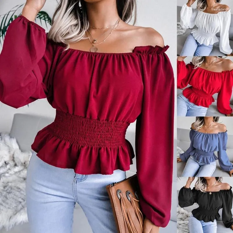 Dames T-shirts Dames Bladerdeeg Lange mouw Off-shoulder Eenvoudig Effen Kleur Fit Ruche Peplum Blouse Gesmokte taille Geplooide top Dropship