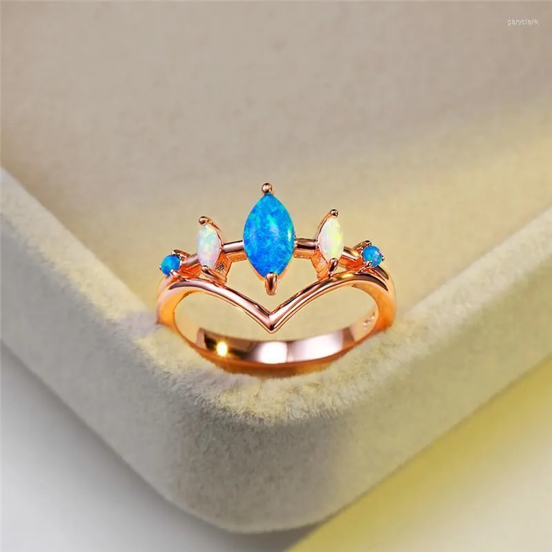 Trauringe niedlich weiblich weiß blau Opal dünner Ring Rose Gold Silber Farbe Vintage Braut Blatt Stein Verlobung für Frauen