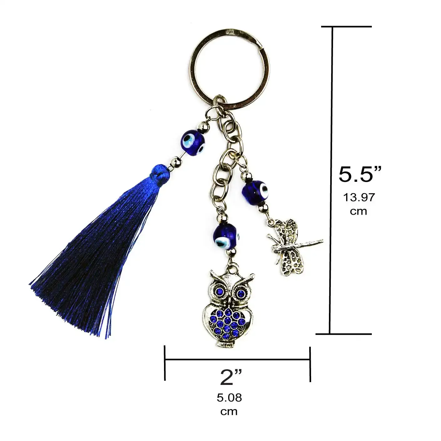 Keychains Lanyards L Luckboostium Lucky Dragonfly Owl w/Blue Crystal and Blue Tassel w/Evil Eye Pärla Keychain Sign of lycka BLE AMKS4