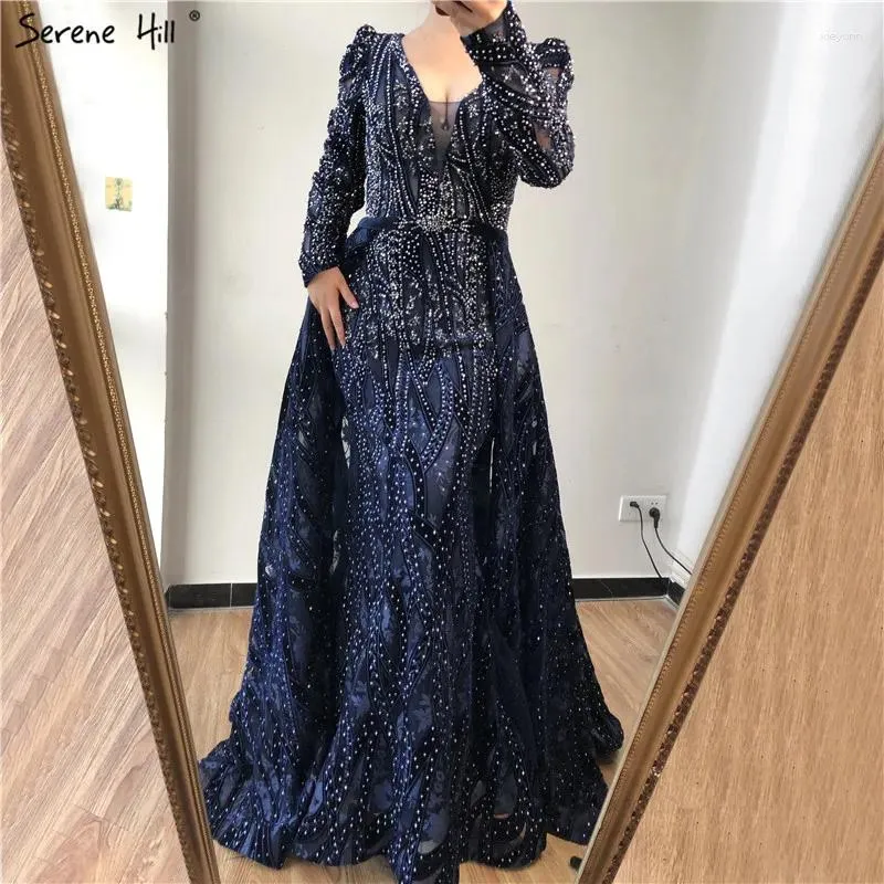 Sukienki imprezowe Serene Hill Dubai Niebieska syrena głębokie kryształ seksowne długie rękawy luksusowe formalne kobiety wieczór 2023 Plus rozmiar LA70223