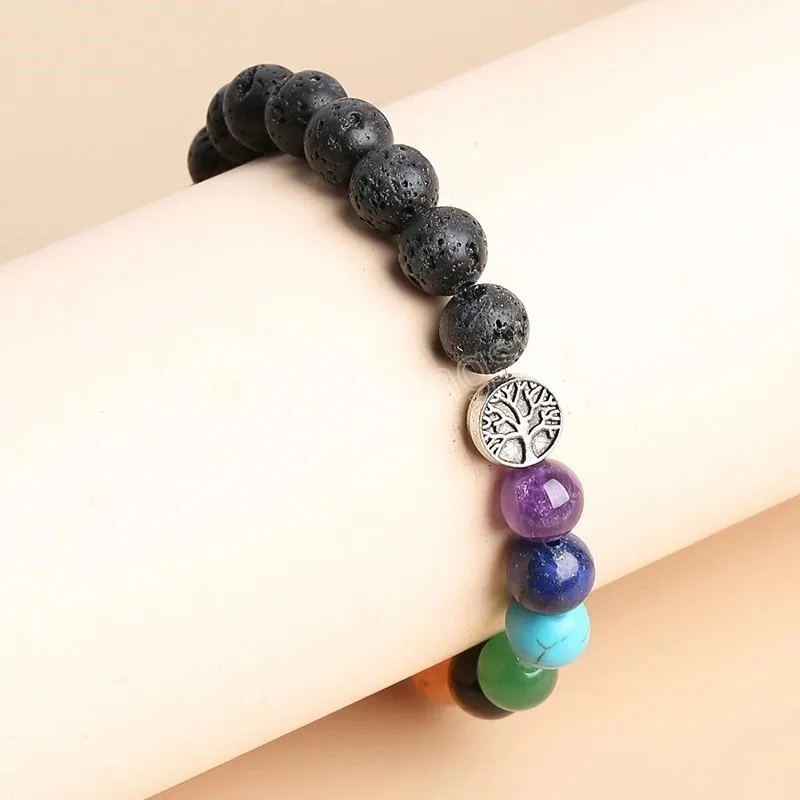 Pietra lavica naturale 7 Chakra Bracciale di guarigione Reiki Perline naturali Albero della vita Yoga Equilibrio energetico Vulcanico Uomo Donna Braccialetti