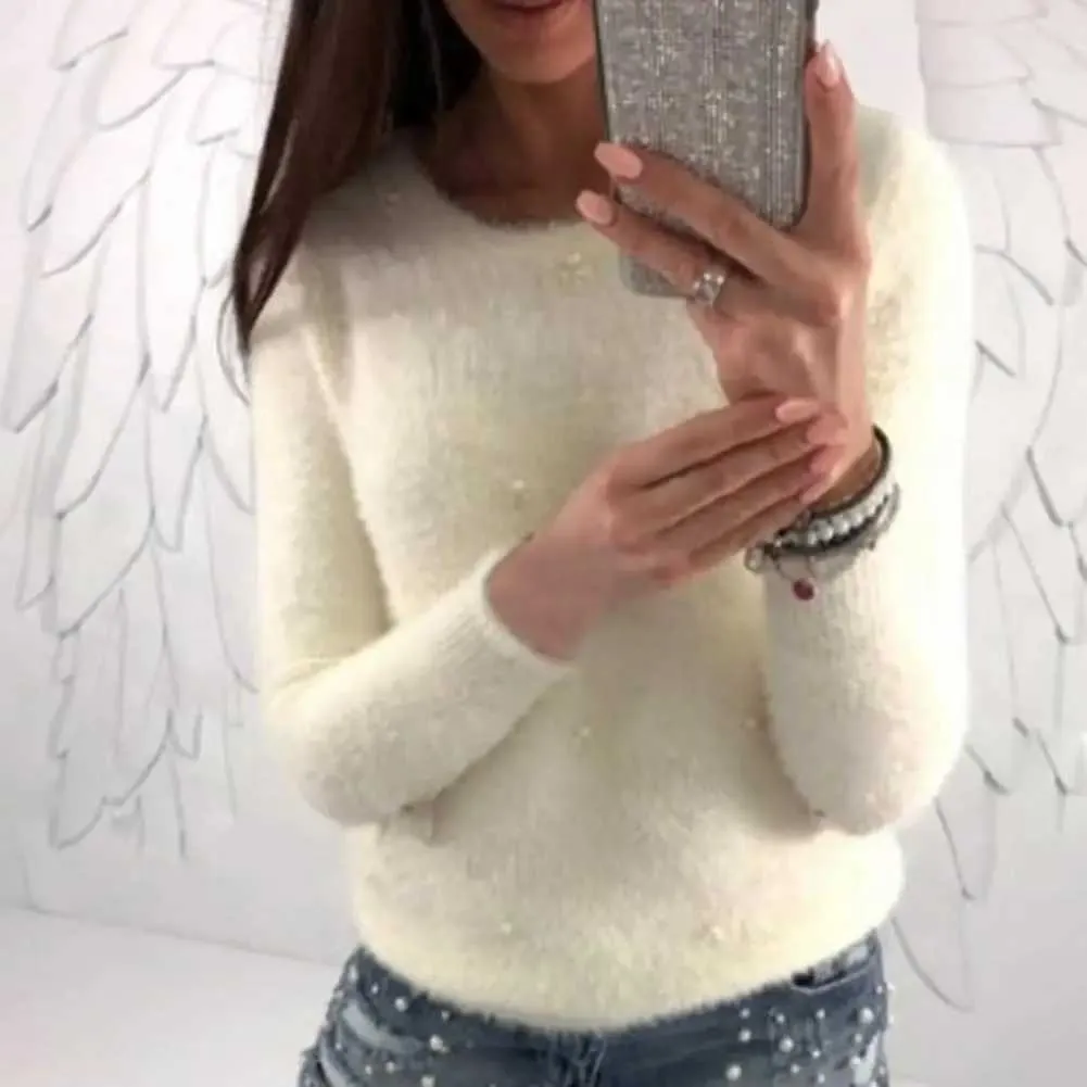 Women's Sweaters Sweater Top Chic Women Pure Color Beaded Fluffy Sweater Jumper Solid Color Warm Knitted SweaterL23111