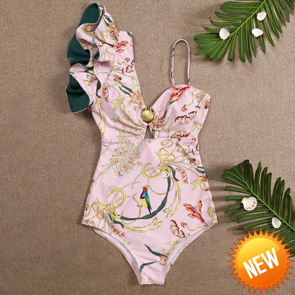 Sexy shell One Shoulder Ruffle One Piece Swimsuit Print Floral Swimwear Women Swimsuit Bading Suit Beachwear Monokini