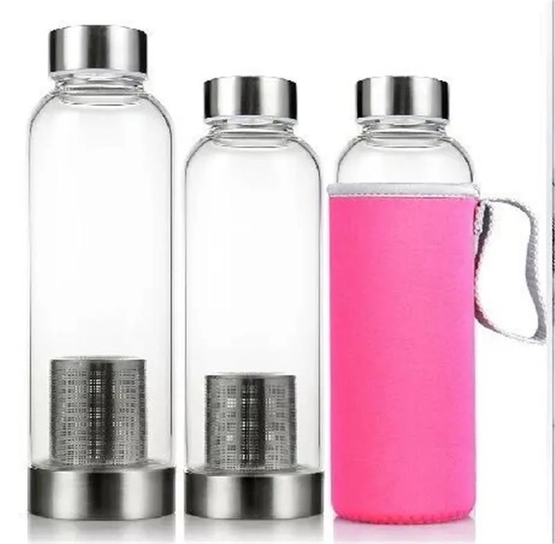 22oz glasvattenflaska BPA gratis hög temperaturbeständig glas sportvattenflaska med tefilter infuser flaskan nylon ärm 12 ll