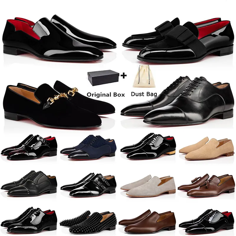 Designer Luxury Red Bottoms Loafers Mens Dress Shoes Classic Pointed Toe Black Suede Patent Leather Rivets Glitter Loafer Men Fashion Sneakers Shoe