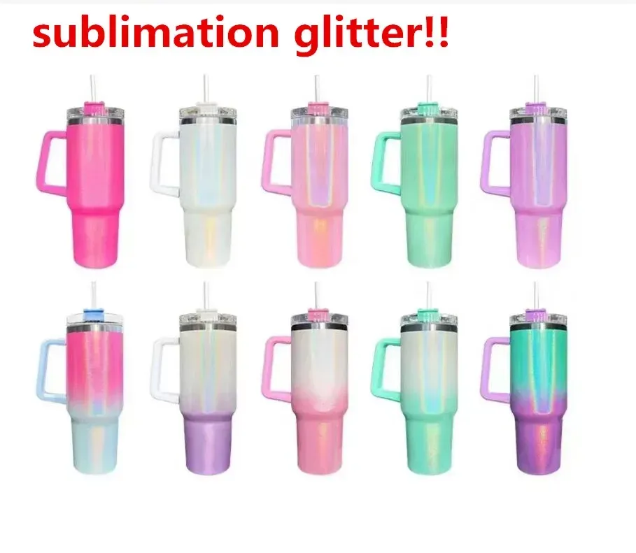 Sblimation 40oz glitter tumbler with Handle Straw Reusable Insulated coffee cup Stainless Steel travel Tumbler big capacity Water Bottle Cup