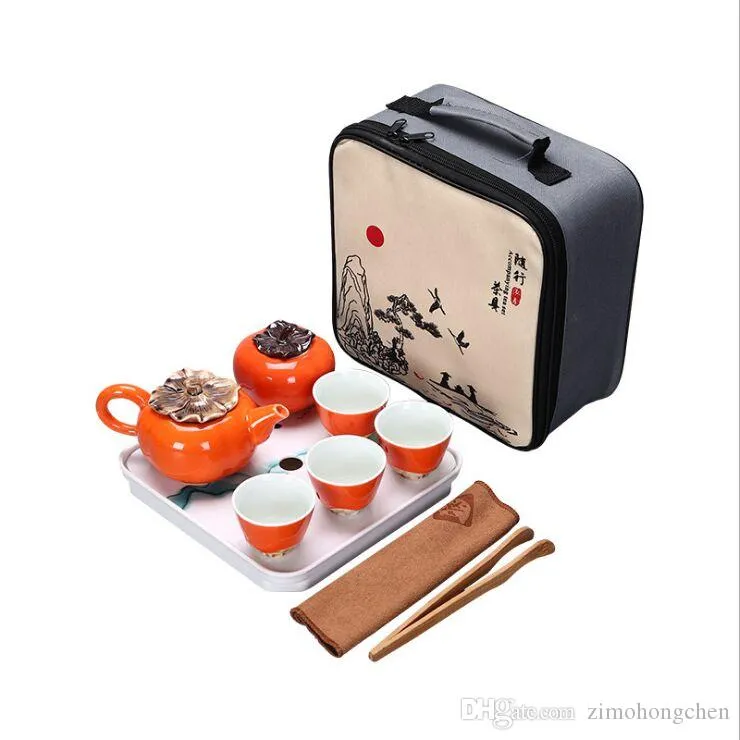 Teaware Sets 1 pot 4 cups portable travel ceramic tea set features customized tea sets A persimmon shaped tea tool Creative gifts