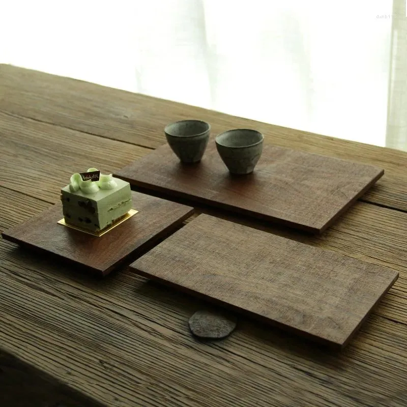 Figuritas decorativas, bandeja Rectangular de textura cepillada de nogal negro japonés, plato de té de madera entera, Manual sólido para cena